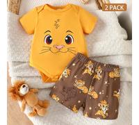 2 pièces Ensemble bébé nouveau-né manches courtes Barboteuse + short triangle jaune-marron, imprimé lion, mignon et doux, convient pour le printemps/automne, les fêtes, les sorties, les séances photo 