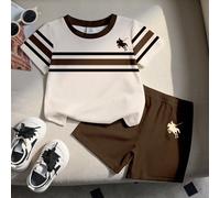 2 pièces Ensemble bébé/tout-petit décontracté kaki blocs de couleurs classique rayé avec imprimé logo chevalier, t-shirt col ras-du-cou et short imprimé assorti, sport, extérieur, loisirs 6-9M,9-12M,1