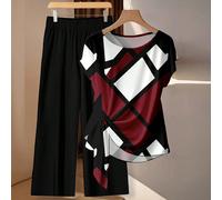 2 pièces Ensemble blouse à nouer à l'avant avec imprimé géométrique abstrait rouge et noir inspiré de pièces de monnaie vintage, et pantalon droit ample. Tenue décontractée minimaliste, convient pour 