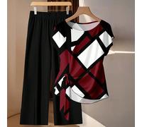 2 pièces Ensemble blouse à nouer à l'avant avec imprimé géométrique abstrait rouge et noir inspiré de pièces de monnaie vintage, et pantalon droit ample. Tenue décontractée minimaliste, convient pour 