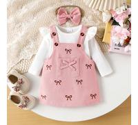 2 pièces Ensemble body à manches longues confortable & robe tablier brodée avec bandeau pour bébé fille, léger pour le printemps et l'automne 6-9M,9-12M,12-18M,1-3M,3-6MgraphiqueVelours côtelé,Étoffe
