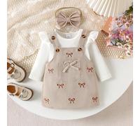 2 pièces Ensemble body à manches longues confortable & robe tablier brodée avec bandeau pour bébé fille, léger printemps/automne 6-9M,9-12M,12-18M,1-3M,3-6MAnimal,PlantesVelours côtelé,Étoffe