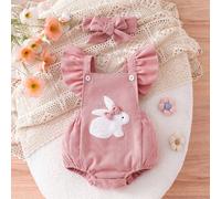 2 pièces Ensemble body bébé mignon avec lapin brodé et décoration pompon, été 6-9M,9-12M,12-18M,1-3M,3-6MAnimalVelours côtelé