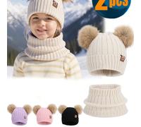 2 pièces Ensemble bonnet et écharpe pour enfants, bonnet d'extérieur chaud avec rabats d'oreilles, bonnet en tricot mignon avec pompon, écharpe infinie en tricot pour garder le cou au chaud en hiver 4