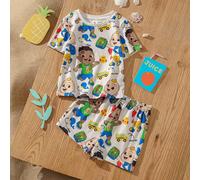 2 pièces Ensemble casual de sport garçon bébé avec t-shirt imprimé voitures et baleines, et shorts 6-9M,9-12M,12-18M,18-24M,2-3YAnimal,Cartoon,Portrait,LettresTissu tricoté