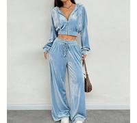 2 pièces Ensemble casual femme sweat-shirt à capuche zippé et pantalon bleu clair, tenue 2 pièces pour Noël L,M,S,XSUnicoloreÉtoffe,Tissu tricoté