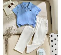 2 pièces Ensemble Casual pour Jeune Garçon, T-shirt à col polo bleu à manches courtes avec design brodé de chevalier, assorti à un pantalon kaki ample 6Y,7Y,4Y,5YRayéTissu tricoté,Tissu tissé