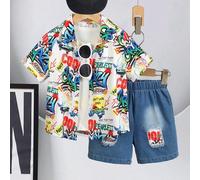 2 pièces Ensemble Chemise à imprimé graphique pour jeune garçon et shorts avec appliqués lavés, style cool graffiti de rue avec impression assortie à la finition en jean délavé, design et élégant, con