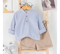 2 pièces Ensemble chemise à manches longues rayée et short décontracté pour bébé garçon, tenue mignonne convenant au printemps/été, à une fête d'anniversaire, à une soirée, à un mariage, à une baby sh