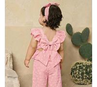 2 pièces Ensemble chemise à volants et pantalon décontracté color-block pour bébé fille d'été 6-9M,9-12M,12-18M,18-24M,2-3Y,3-6MUnicolorePolyester