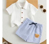 2 pièces Ensemble chemise décontractée de couleur unie et short rayé décontracté pour bébé garçon/fille, convient pour les voyages, les vacances, la rentrée scolaire 6-9M,9-12M,12-18M,18-24M,2-3YRayéÉ