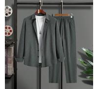 2 pièces Ensemble chemise et pantalon décontracté de couleur unie pour hommes, ensemble 2 pièces, ensemble gris pour hommes 2 pièces, costume de loisirs, chemise à manches longues et pantalon pour hom