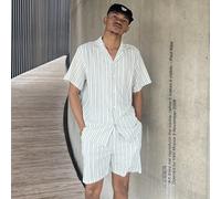 2 pièces Ensemble chemise et short en crochet bohème de style GloMan pour hommes, chemise texturée à rayures multicolores en jacquard, convient pour la plage, les festivals de musique, les vacances à