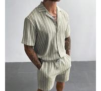 2 pièces Ensemble chemise et short en crochet bohème style GloMan pour hommes, chemise texturée à motif jacquard rayé multicolore, convient pour la plage, les festivals de musique, les vacances à Hawa