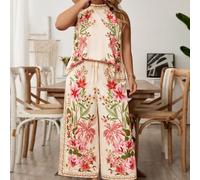 2 pièces Ensemble chemise sans manches à imprimé floral et pantalon avec garniture en dentelle grande taille, tenue de plage pour femmes, tenue de festival de musique country, tenue de style bohème po