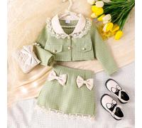 2 pièces Ensemble chic pour jeune fille avec veste à manches longues avec col Peter Pan et garniture en dentelle, et jupe à nœud papillon. Printemps Automne 6Y,7Y,4Y,5Y,2-3YCarreau,Unicolore,Plantes,M