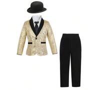 2 pièces Ensemble costume de gentleman pour enfants, c'est un ensemble de costume formel pour jeune garçon. Le Top est une veste de blazer en jacquard doré avec un col mao et des bordures noires sur l