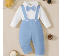 2 pièces Ensemble de barboteuse à col polo à manches longues et pantalon style salopette pour bébé garçon, en coloris unicolore. Confortable et décontracté mais adorable avec son nœud papillon. 6-9M,9