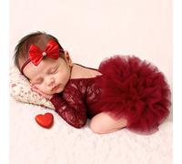 2 pièces Ensemble de barboteuse en dentelle rouge avec serre-tête à nœud papillon et perle pour nouveau-né. Accessoires pour séance photo de bébé fille. Vêtements pour prise de vue en studio pour nour