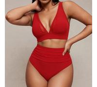 2 pièces Ensemble de bikini rouge pour femmes,maille d'été patchwork sans fil col en V bretelles croisées dos ouvert,bas triangle froncé taille haute,plage gay sports L,M,S,XLUnicoloreÉtoffe