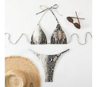 2 pièces Ensemble de bikini sexy à col ras-du-cou avec imprimé peau de serpent pour femmes, vacances à la plage, été 2025 L,M,S,XSImprimé python,Tout Imprimé,Motif texturéÉtoffe