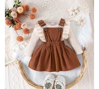 2 pièces Ensemble de body à manches longues & robe salopette en velours côtelé pour bébé fille, printemps/automne 6-9M,9-12M,12-18M,1-3M,3-6MBlocs de couleurÉtoffe