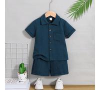 2 pièces Ensemble de chemise à manches courtes en coton et short de style collégial décontracté pour jeune garçon, convient pour le port quotidien, les études, les sorties, les jeux, les week-ends de 