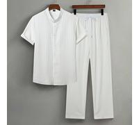 2 pièces Ensemble de chemises pour hommes, tenue blanche - chemise à manches courtes assortie à un pantalon à taille élastique avec poches latérales, style de rue jeune, sur INS, cadeau pour petit ami