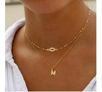 2 pièces Ensemble de collier pendentif classique avec œil et lettre, collier multicouche en acier inoxydable doré avec chaîne à lèvres pour femmes L,M,S,H,A,T,O,B,C,D,E,F,G,I,J,K,N,P,R,V,W,Y,ZAcier in