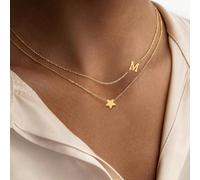 2 pièces Ensemble de colliers pendentifs en acier inoxydable avec étoile et lettre, superposables, pour femmes L,M,S,H,A,T,O,B,C,D,E,F,G,I,J,K,N,P,R,V,W,Y,ZAcier inoxydable