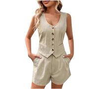 2 Pièces Ensemble de Costume Ete Femmes Blazer et Short 2 Pièces Eté sans Manches Veste Longue de Costume Gilet Manteau Ensemble avec Poches Femmes survêtement Ensemble Court été Hauts sans Manches