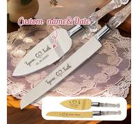 2 pièces Ensemble de coupe de gâteau personnalisé avec poignée en cristal pour mariage, couteau à gâteau en acier inoxydable avec gravure de nom personnalisée, ensemble de couteau et de serveur à gâte