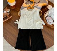 2 pièces Ensemble de débardeur élégant à décoration de nœud en câble et pantalon de couleur unie pour bébé fille 6-9M,9-12M,12-18M,18-24M,2-3YBlocs de couleur,PlantesAcrylique