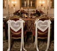 2 pièces Ensemble de décoration de dossier de chaise pour mariée/marié ou mariés/nouveaux mariés, housses de chaise en dentelle transparente élégante avec ruban, convient pour le marié et la mariée, d