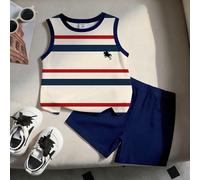 2 pièces Ensemble de gilet à manches courtes rayé et short en tricot confortable pour bébé garçon, adapté pour le port en extérieur et les activités sportives en été 6-9M,9-12M,12-18M,18-24M,2-3YRayéÉ