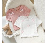 2 pièces Ensemble de hauts pull-over à manches courtes, col rond, en tricot doux avec décoration nœud pour jeunes filles, vêtements en coton, style vintage mignon 6Y,7Y,8Y,4Y,5YgraphiqueÉtoffe