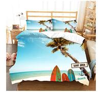 2 Pièces Ensemble de Literie Dessin 3D Plage avec Planche de Surf Style Housse de Couette en Microfibre Bleu Blanc avec Taie d'oreiller Parure de Lit 1 Personne (Plage 4, 140_x_200_cm)