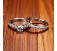 2 pièces Ensemble de mariage de luxe étincelant en diamant cubique zircone, bague de fiançailles et alliance à coupe ronde, cadeau parfait éternel 7,9,8,10Cuivre