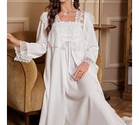 2 pièces Ensemble de nuisette et robe de chambre style palais vintage avec contraste de dentelle, pour la saison des fêtes, vêtements d'automne et d'hiver L,M,S,XL,XS,XXLUnicoloreTissu tissé