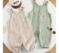 2 pièces Ensemble de pantalon à bretelles rayé seersucker décontracté et polyvalent pour bébé garçon nouveau-né, convient pour l'été et le printemps 6-9M,9-12M,12-18M,18-24M,2-3Y,0-1M,1-3M,3-6MRayéPol