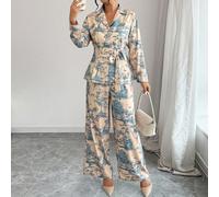 2 pièces Ensemble de pantalon imprimé avec ceinture à nouer à la taille et col châle, style décontracté chic urbain. Tenue élégante pour femme, idéale pour la Saint-Valentin, l'automne et l'hiver, dan