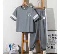 2 pièces Ensemble de pull-over col rond à impression numérique minimaliste décontracté pour garçons préadolescents, design colorblock, convient pour l'été, les sports, la course, l'extérieur 7Y,8Y,9Y,