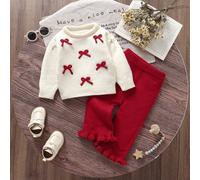 2 pièces Ensemble de pull pour bébé fille : Top à col rond blanc avec nœud + Pantalon évasé marron, doux et 6-9M,9-12M,12-18M,18-24M,2-3YBlocs de couleurTricots