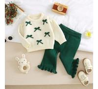 2 pièces Ensemble de pulls pour bébé fille : Top à col rond blanc avec nœud décoratif + Pantalon évasé marron, Vêtements d'hiver doux et pour bébé. Ensemble de vêtements pour bébé fille en deux pièces