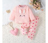 2 pièces Ensemble de pyjama à manches longues et pantalon réversible en flanelle avec motif de lapin et de cœur pour bébé fille 6-9M,9-12M,12-18M,18-24M,2-3YCartoon,GéométriqueÉtoffe
