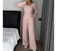 2 pièces Ensemble de pyjama avec cardigan à col volant à fleurs marguerite et pantalon ample et long, vêtements de nuit pour femmes au printemps L,M,S,XLPlantesTissu tricoté