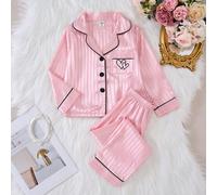 2 pièces Ensemble de pyjama avec rayures roses et cœur brodé, manches longues pour jeune fille 6Y,7Y,4Y,5YCœurSatin