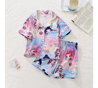 2 pièces Ensemble de pyjama confortable pour tout-petites filles avec imprimé de groupe de filles de dessin animé tie-dye coloré, col ouvert, manches courtes et shorts 6Y,7Y,4Y,5YCartoon,Géométrique,L