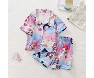 2 pièces Ensemble de pyjama confortable pour tout-petites filles avec imprimé de groupe de filles de dessin animé tie-dye coloré, col ouvert, manches courtes et shorts 6Y,7Y,4Y,5YCartoon,Géométrique,L