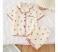 2 pièces Ensemble de pyjama court avec haut à manches courtes et short avec motif mignon de cerises et blocs de couleurs, décoré de boutons, pour jeunes filles 6Y,7Y,4Y,5YGéométrique,PlantesÉtoffe